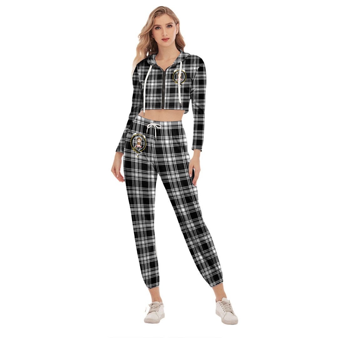 Menzies Black White Modern Tartan Crest Crop Hoodie Sports Sets