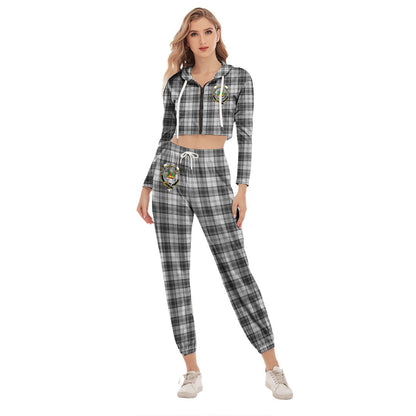 Douglas Grey Modern Tartan Crest Crop Hoodie Sports Sets