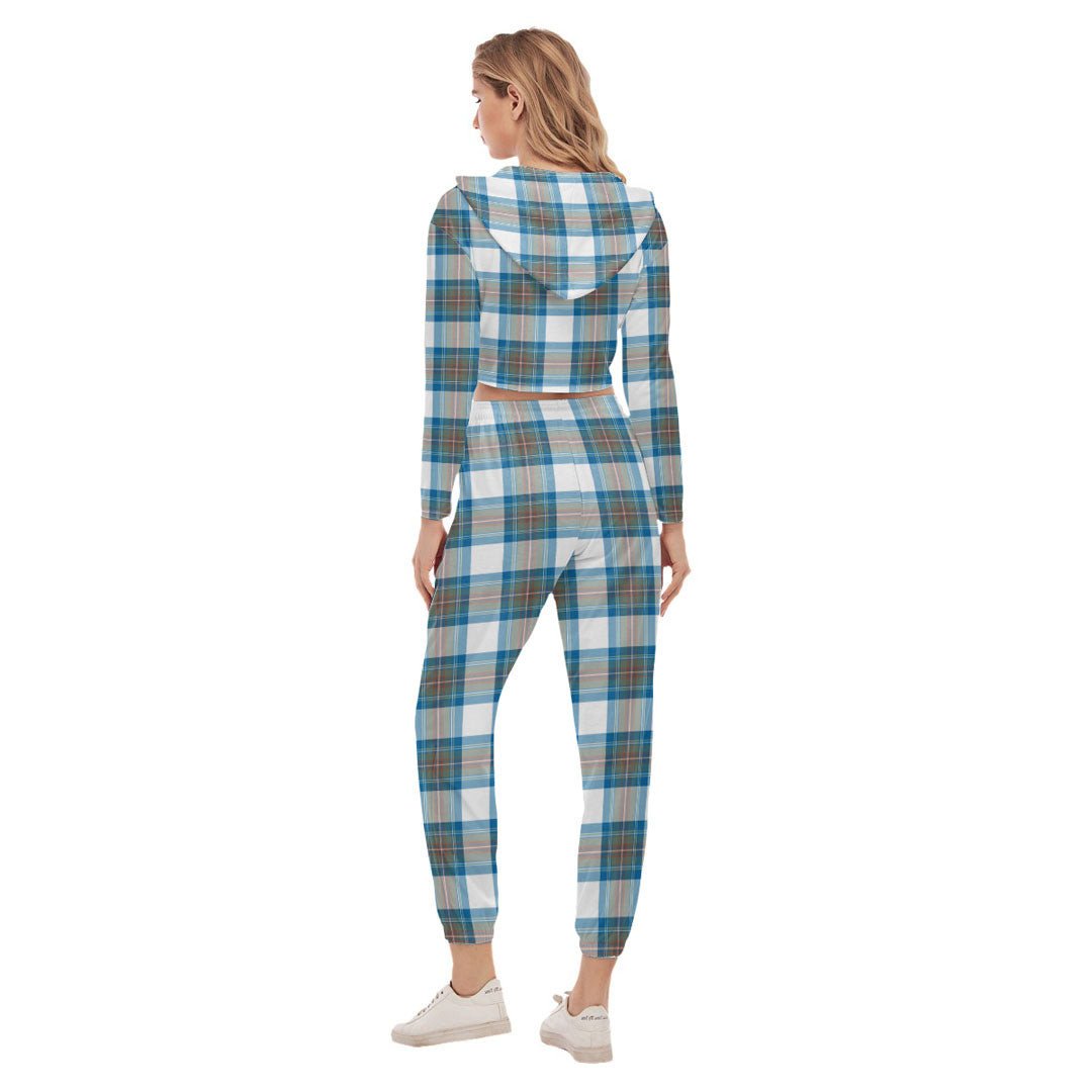 Stewart Muted Blue Tartan Crest Crop Hoodie Sports Sets