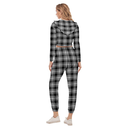 Menzies Black White Modern Tartan Crest Crop Hoodie Sports Sets