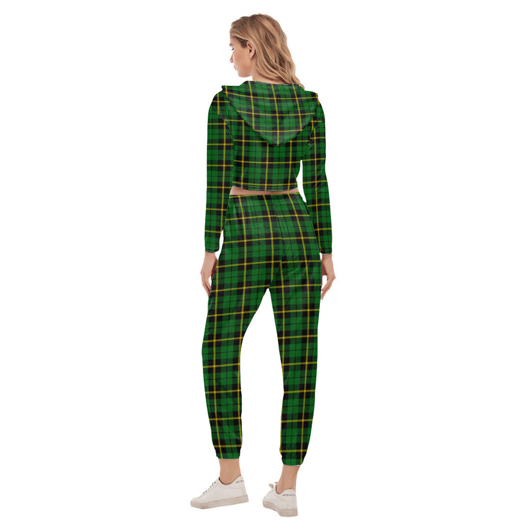 Wallace Hunting Green Tartan Crest Crop Hoodie Sports Sets