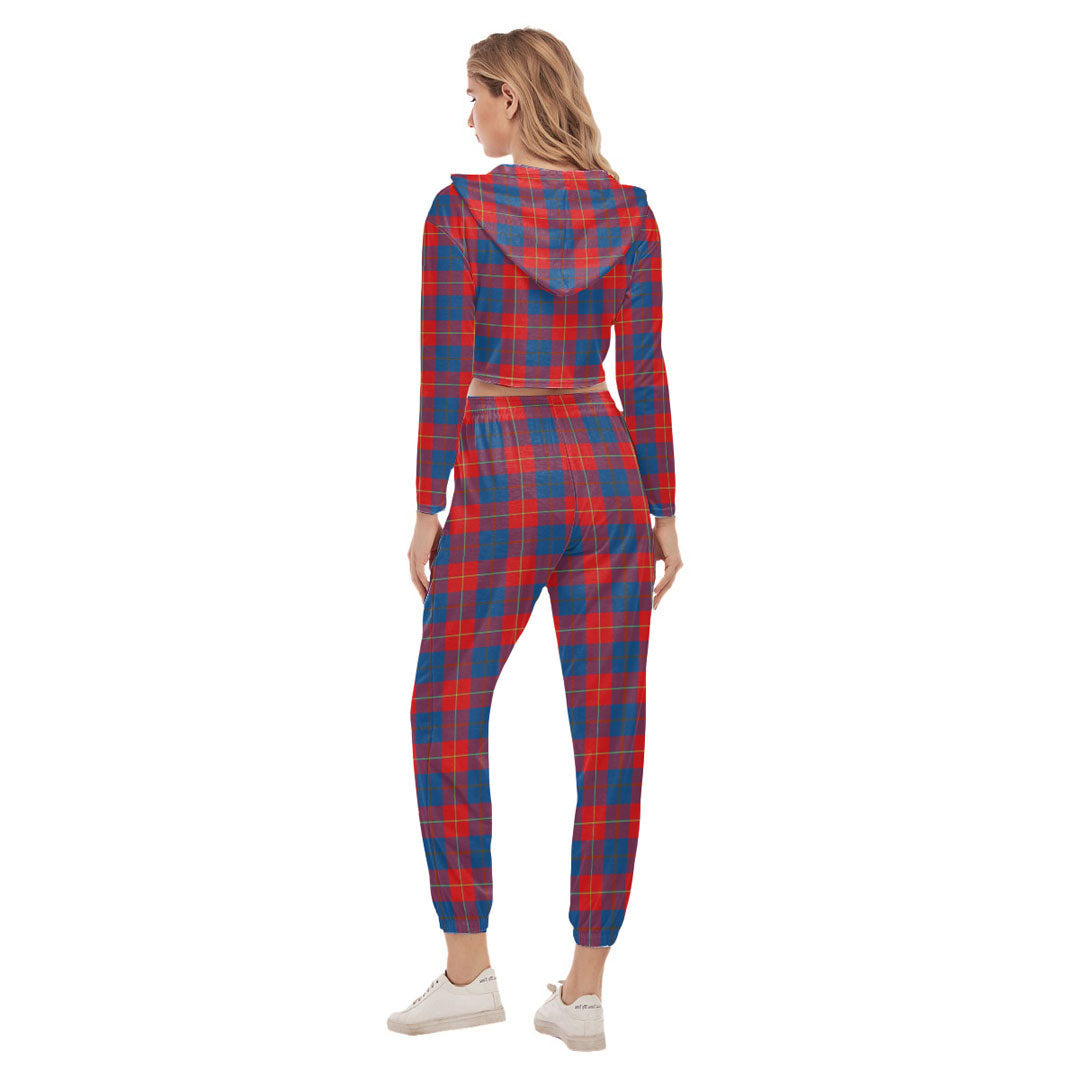 Galloway Red Tartan Crest Crop Hoodie Sports Sets