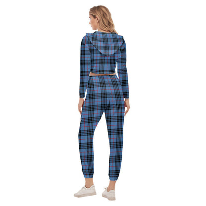 MacKay Blue Tartan Crest Crop Hoodie Sports Sets