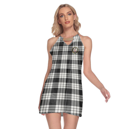 MacFarlane Black White Ancient Tartan Crest Round Neck Above Knee Dress