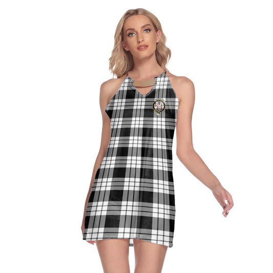 MacFarlane Black White Tartan Crest Round Neck Above Knee Dress