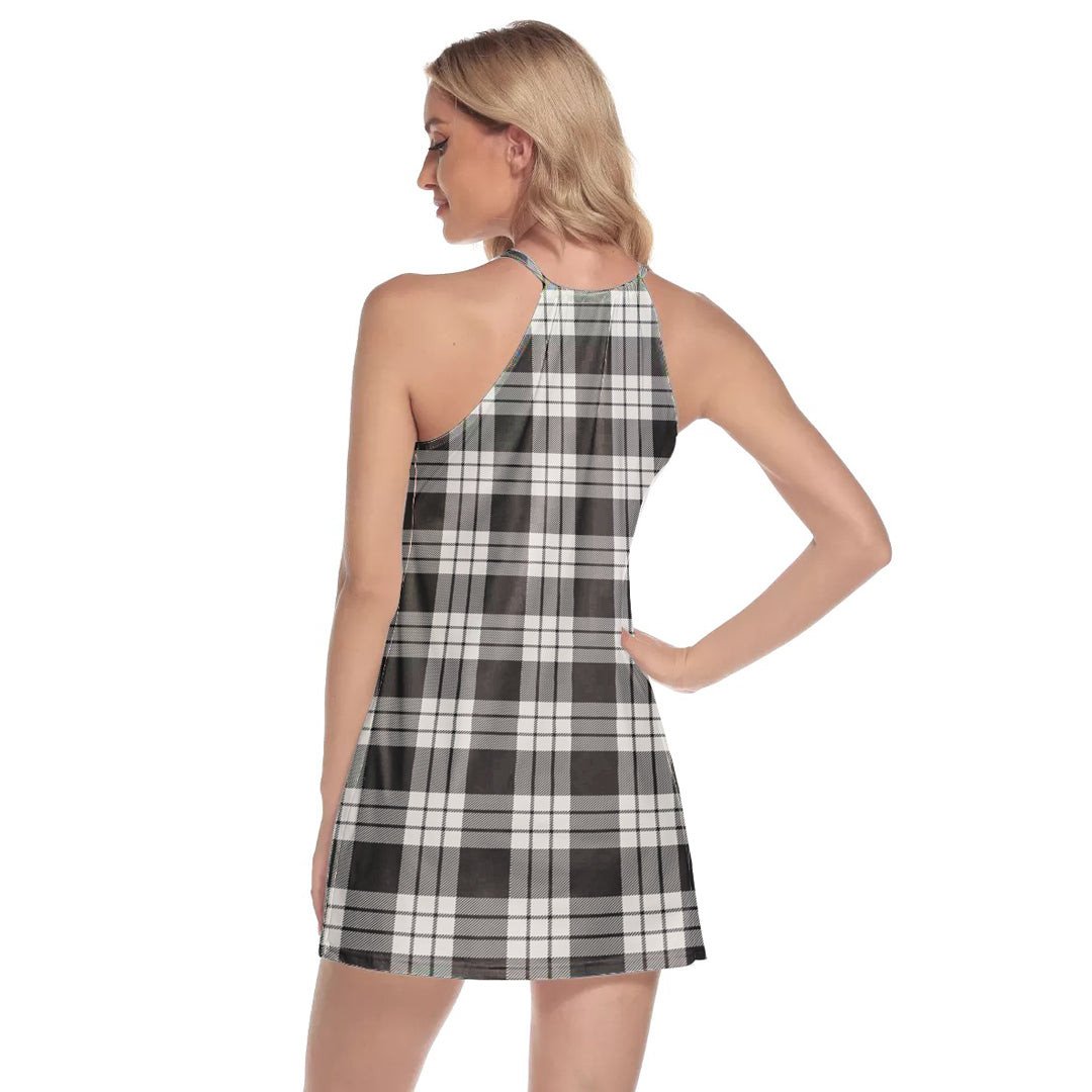 MacFarlane Black White Ancient Tartan Crest Round Neck Above Knee Dress