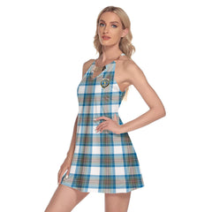 Stewart Muted Blue Tartan Crest Round Neck Above Knee Dress