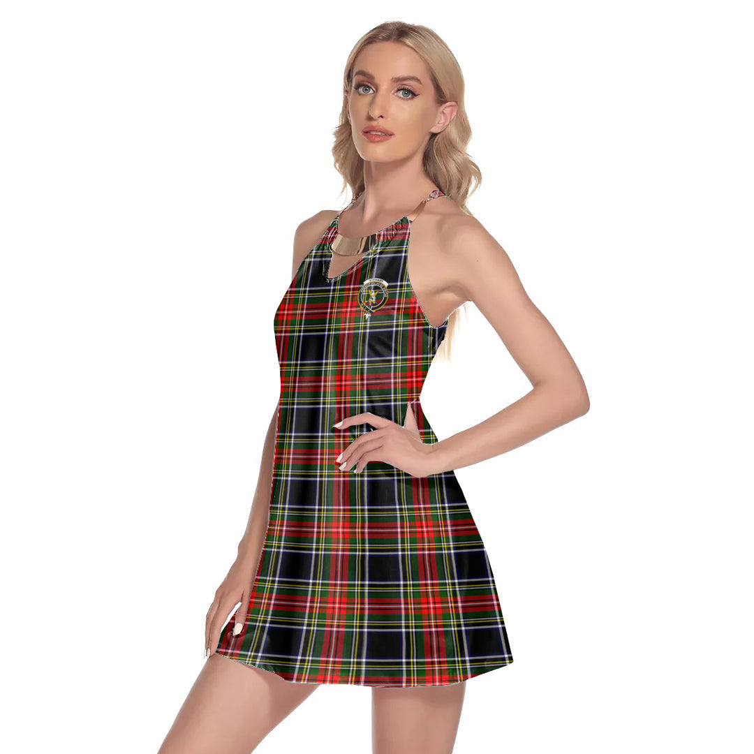 Stewart Black Tartan Crest Round Neck Above Knee Dress