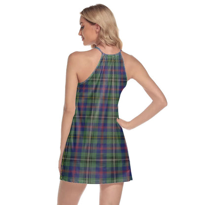 Wood Modern Tartan Crest Round Neck Above Knee Dress