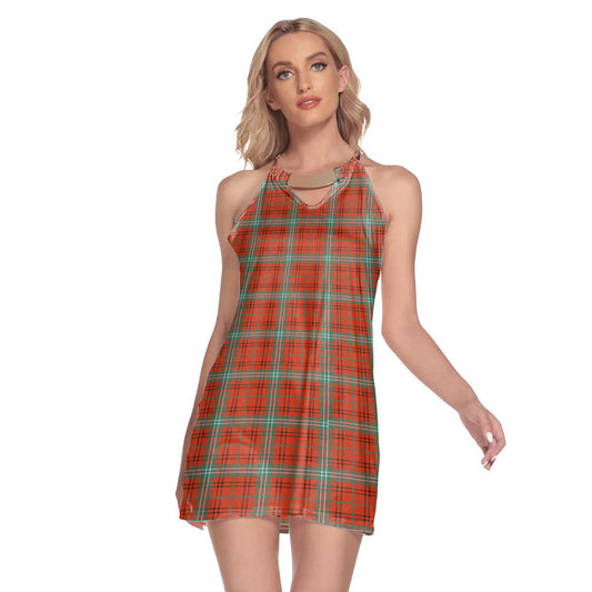 Morrison Red Ancient Tartan Plaid Round Neck Above Knee Dress