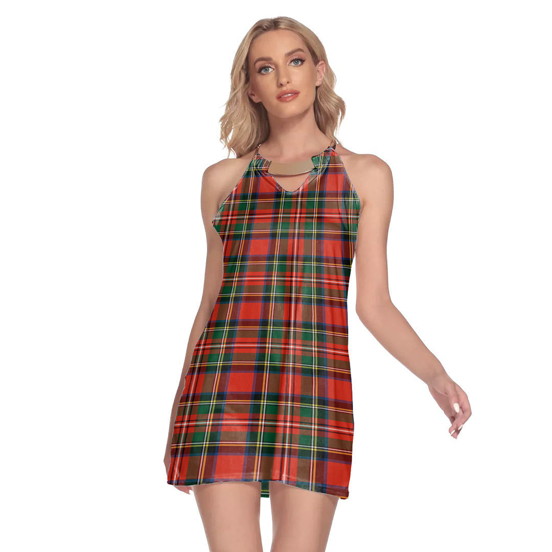Stewart Royal Modern Tartan Plaid Round Neck Above Knee Dress