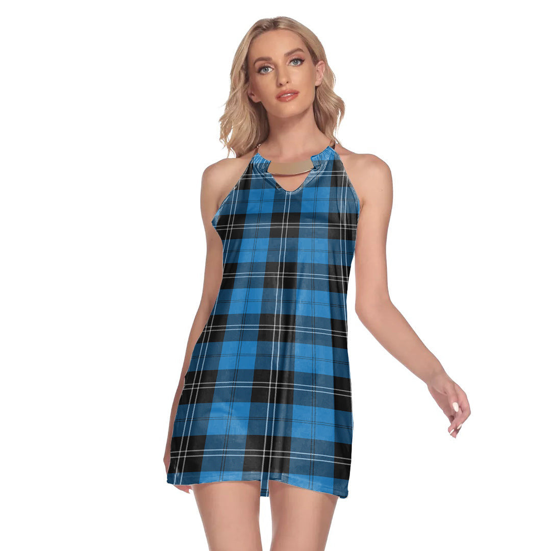 Ramsay Blue Ancient Tartan Plaid Round Neck Above Knee Dress