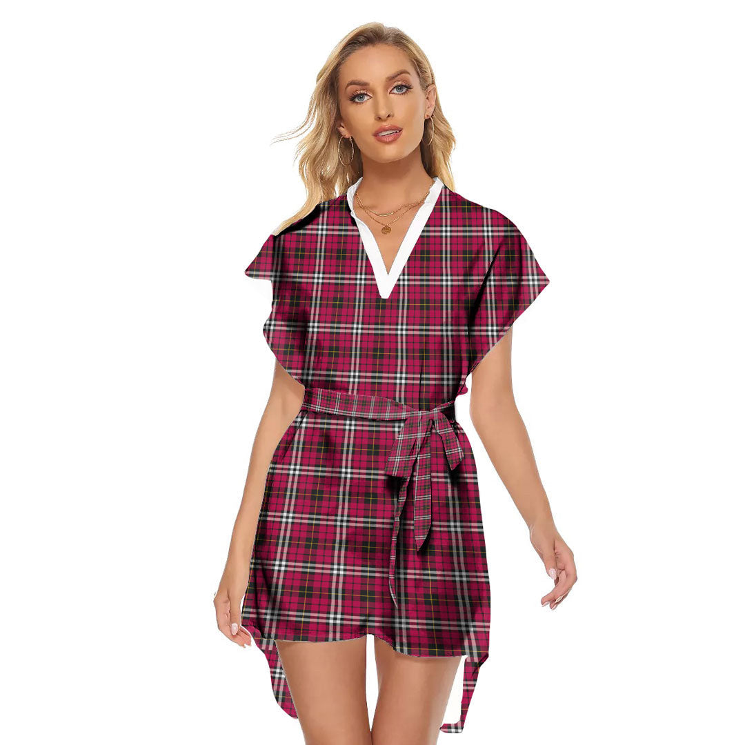 Little Tartan Plaid Stand-up Collar Casual Dress With Belt