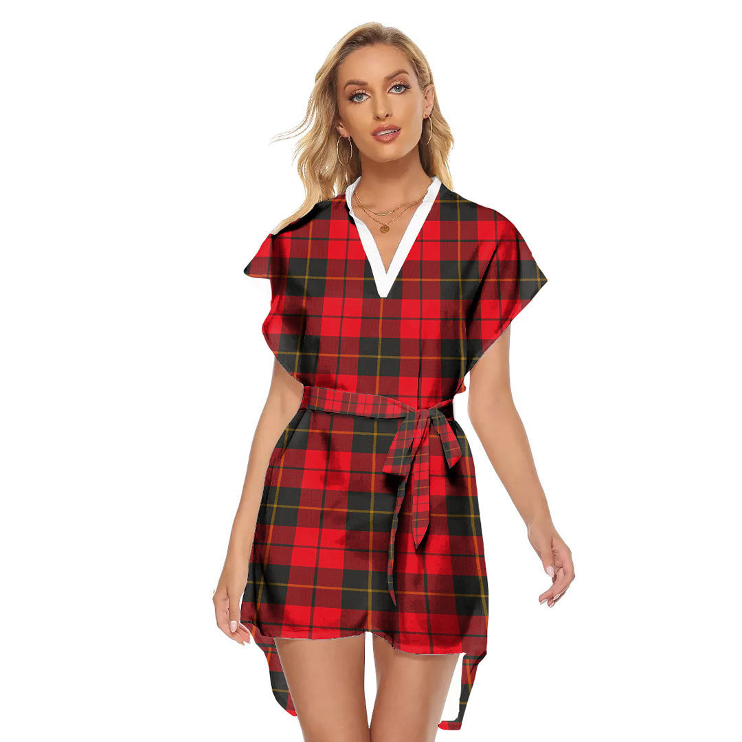 Wallace Weathered Tartan Plaid Stand-up Collar Casual Dress With Belt