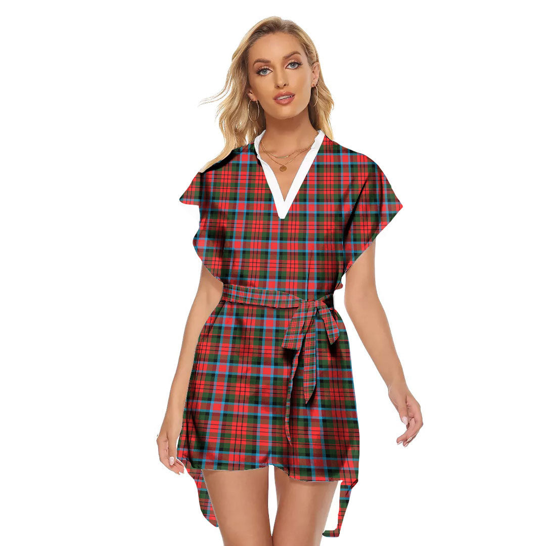 MacDuff Modern Tartan Plaid Stand-up Collar Casual Dress With Belt