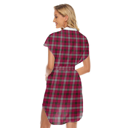 Little Tartan Plaid Stand-up Collar Casual Dress With Belt