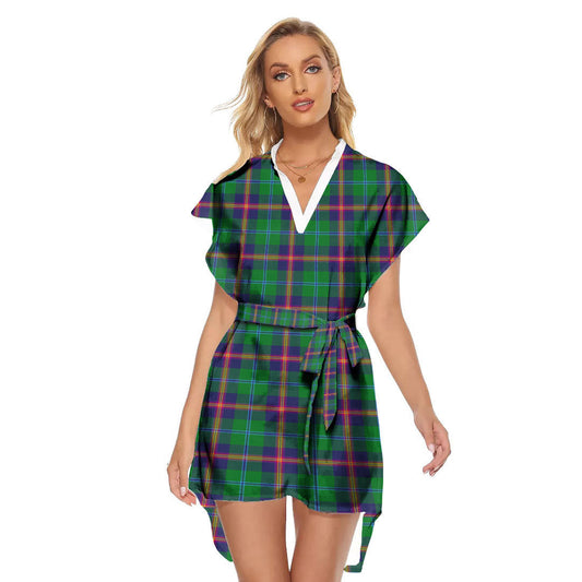 Young Modern Tartan Plaid Stand-up Collar Casual Dress With Belt