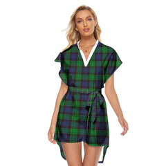 Stewart Old Modern Tartan Plaid Stand-up Collar Casual Dress With Belt