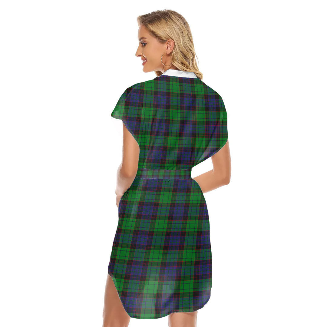 Stewart Old Modern Tartan Plaid Stand-up Collar Casual Dress With Belt