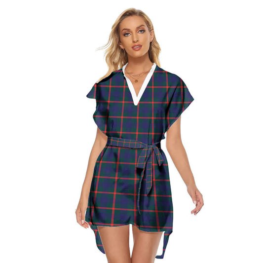 Agnew Modern Tartan Plaid Stand-up Collar Casual Dress With Belt