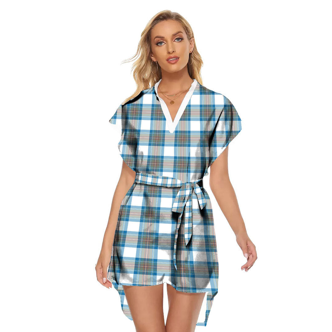 Stewart Muted Blue Tartan Plaid Stand-up Collar Casual Dress With Belt