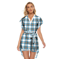 Stewart Muted Blue Tartan Plaid Stand-up Collar Casual Dress With Belt