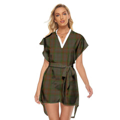 Gray Tartan Plaid Stand-up Collar Casual Dress With Belt