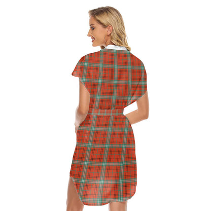 Morrison Red Ancient Tartan Plaid Stand-up Collar Casual Dress With Belt