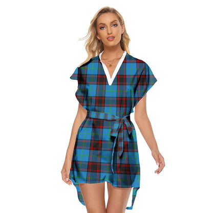 Home Ancient Tartan Plaid Stand-up Collar Casual Dress With Belt