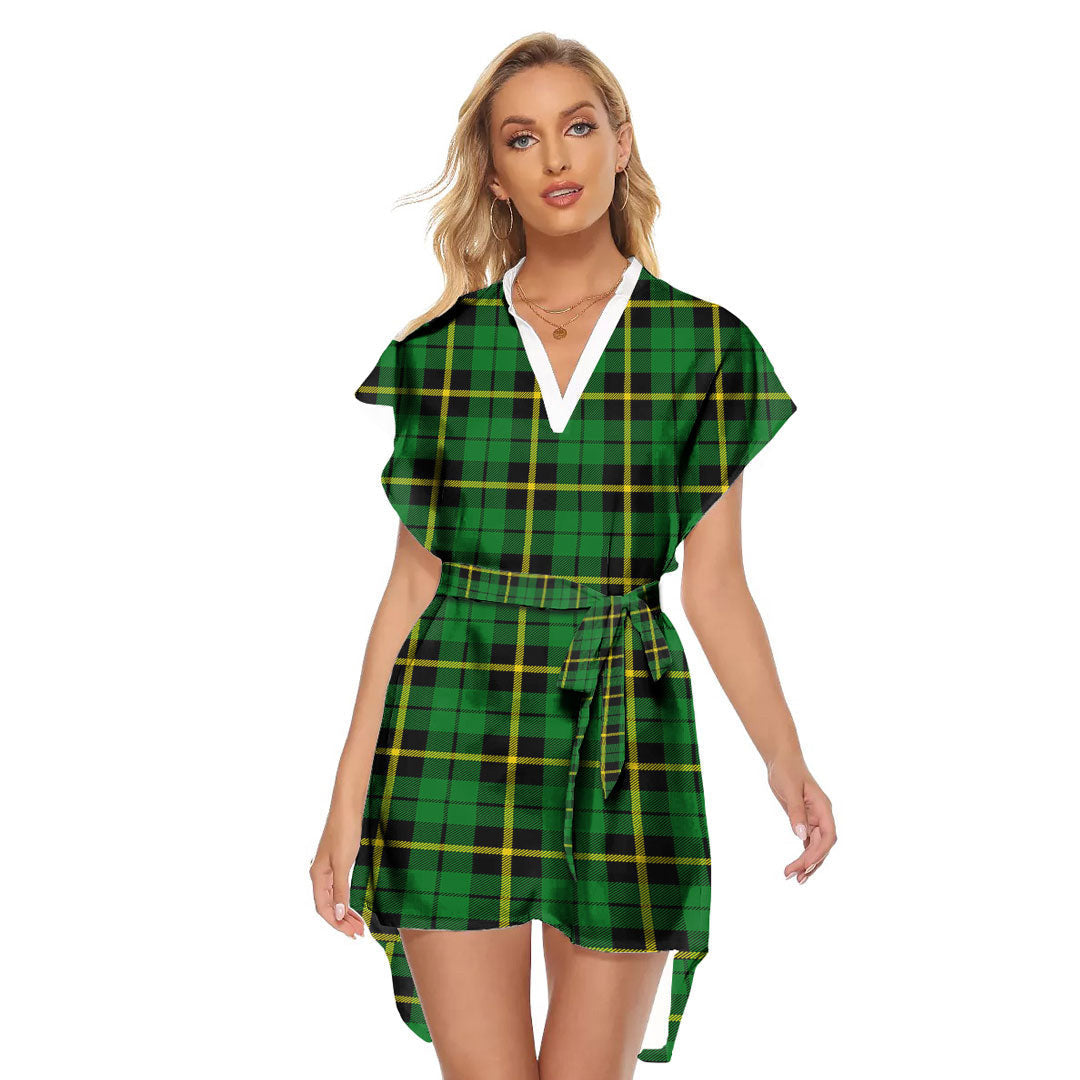 Wallace Hunting Green Tartan Plaid Stand-up Collar Casual Dress With Belt