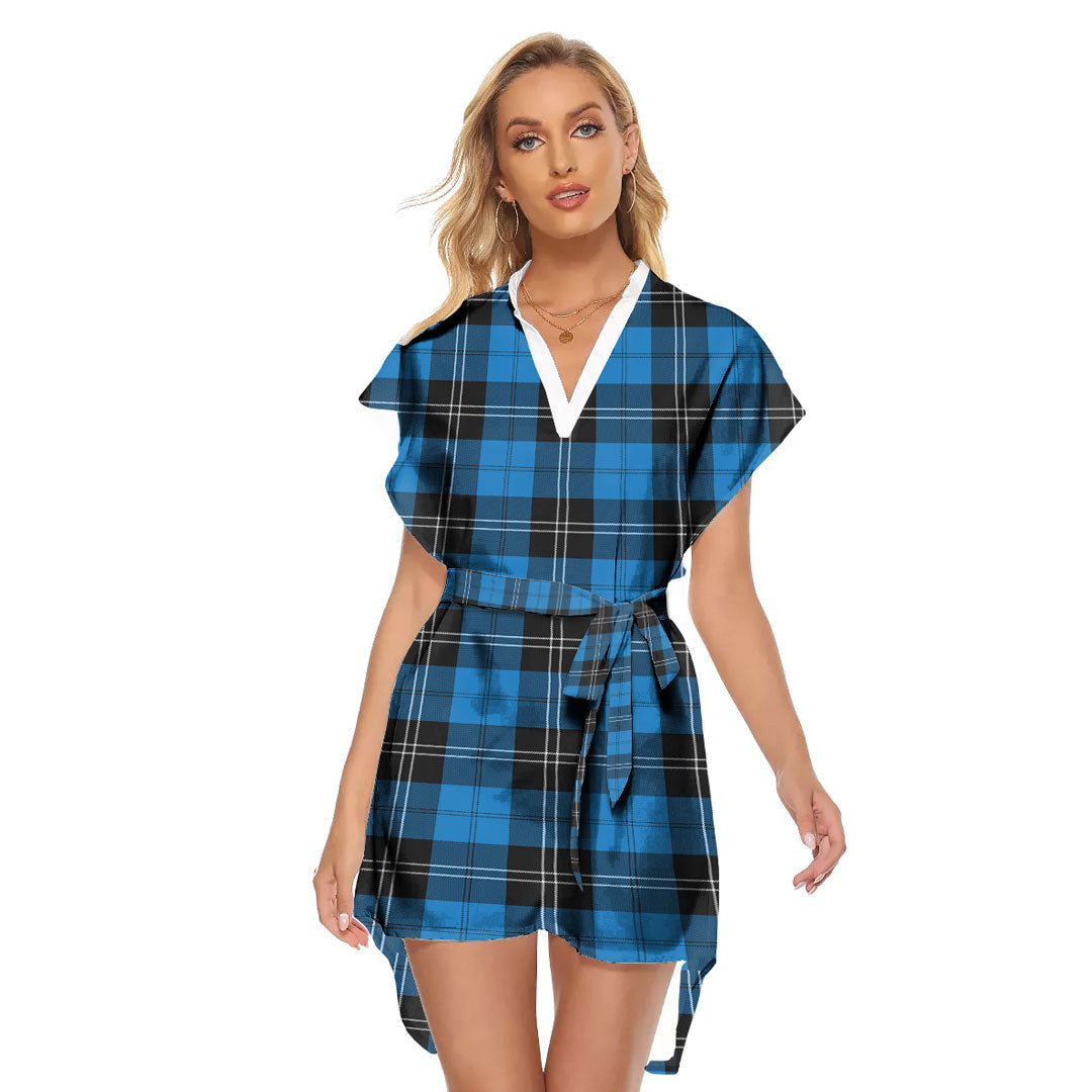 Ramsay Blue Ancient Tartan Plaid Stand-up Collar Casual Dress With Belt