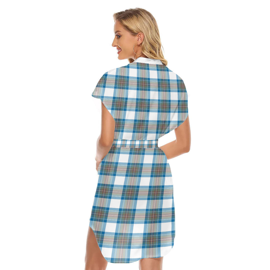 Stewart Muted Blue Tartan Plaid Stand-up Collar Casual Dress With Belt