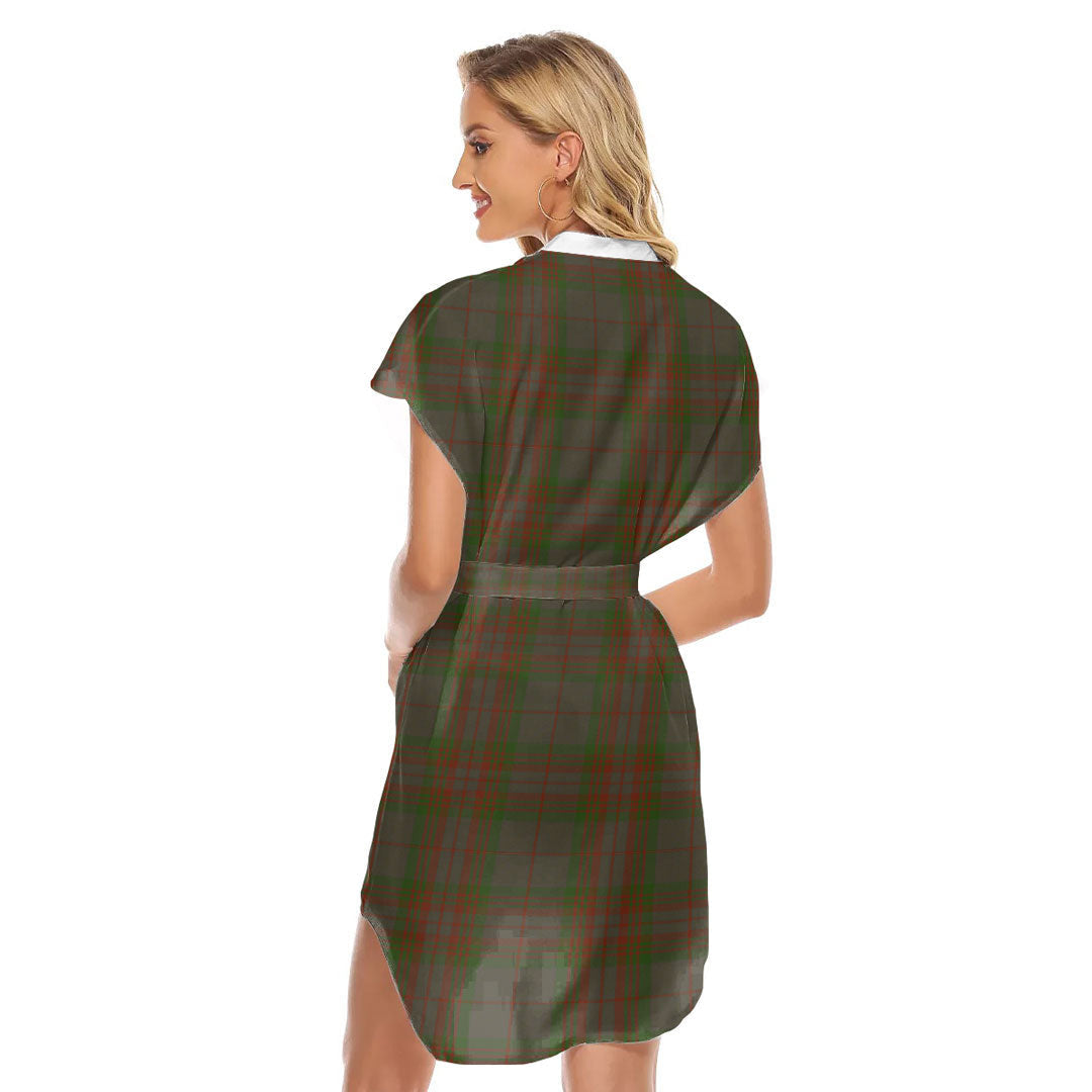 Gray Tartan Plaid Stand-up Collar Casual Dress With Belt