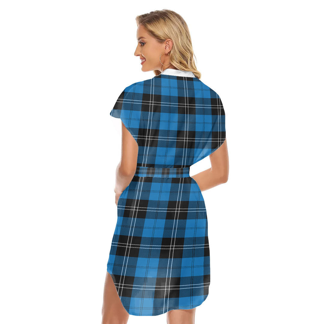 Ramsay Blue Ancient Tartan Plaid Stand-up Collar Casual Dress With Belt