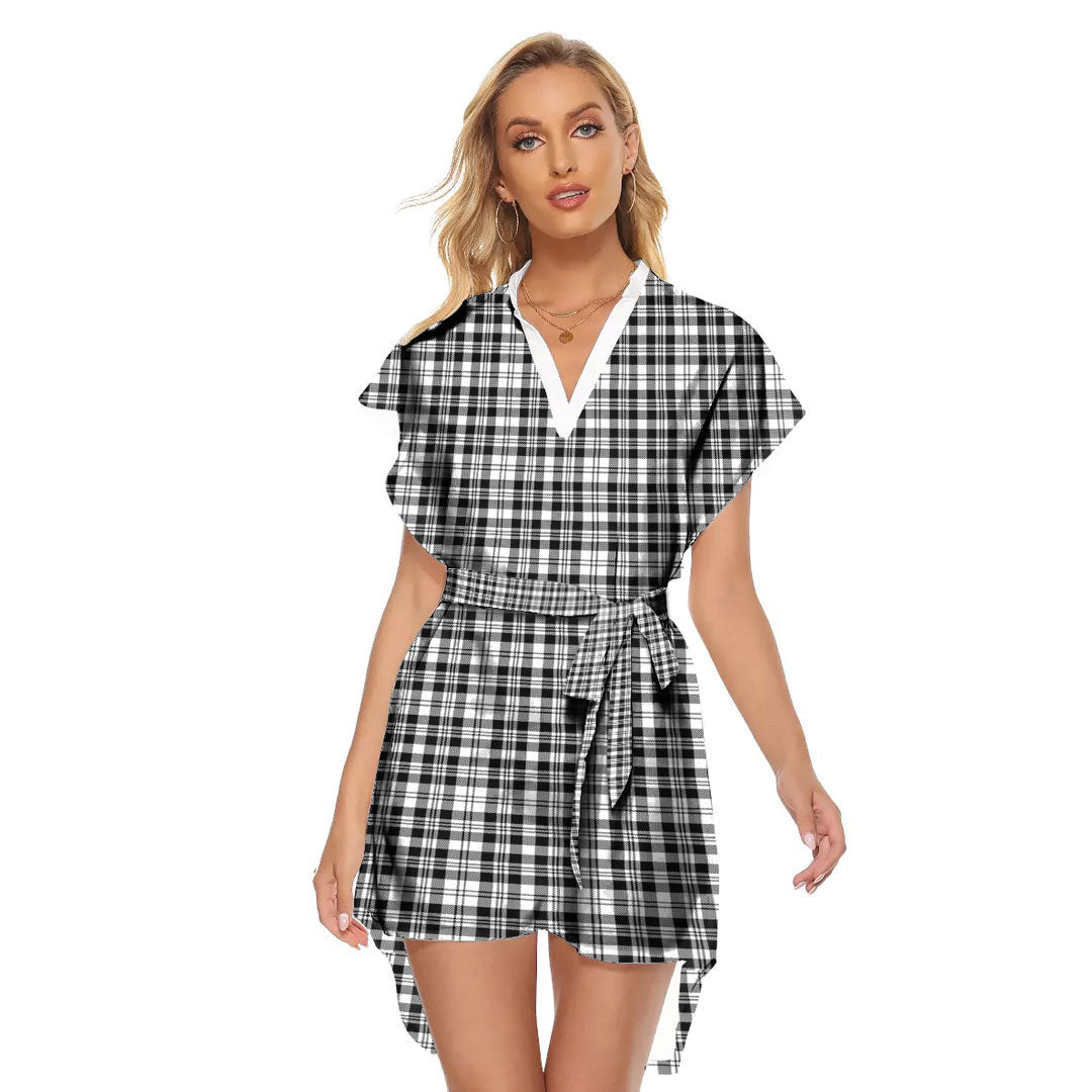 Scott Black White Modern Tartan Plaid Stand-up Collar Casual Dress With Belt