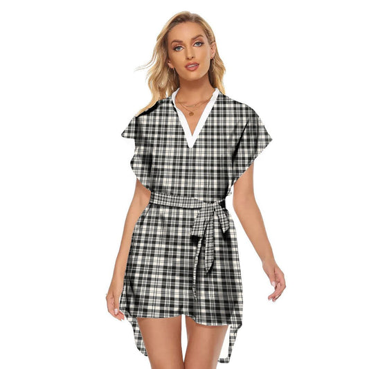 Scott Black White Ancient Tartan Plaid Stand-up Collar Casual Dress With Belt