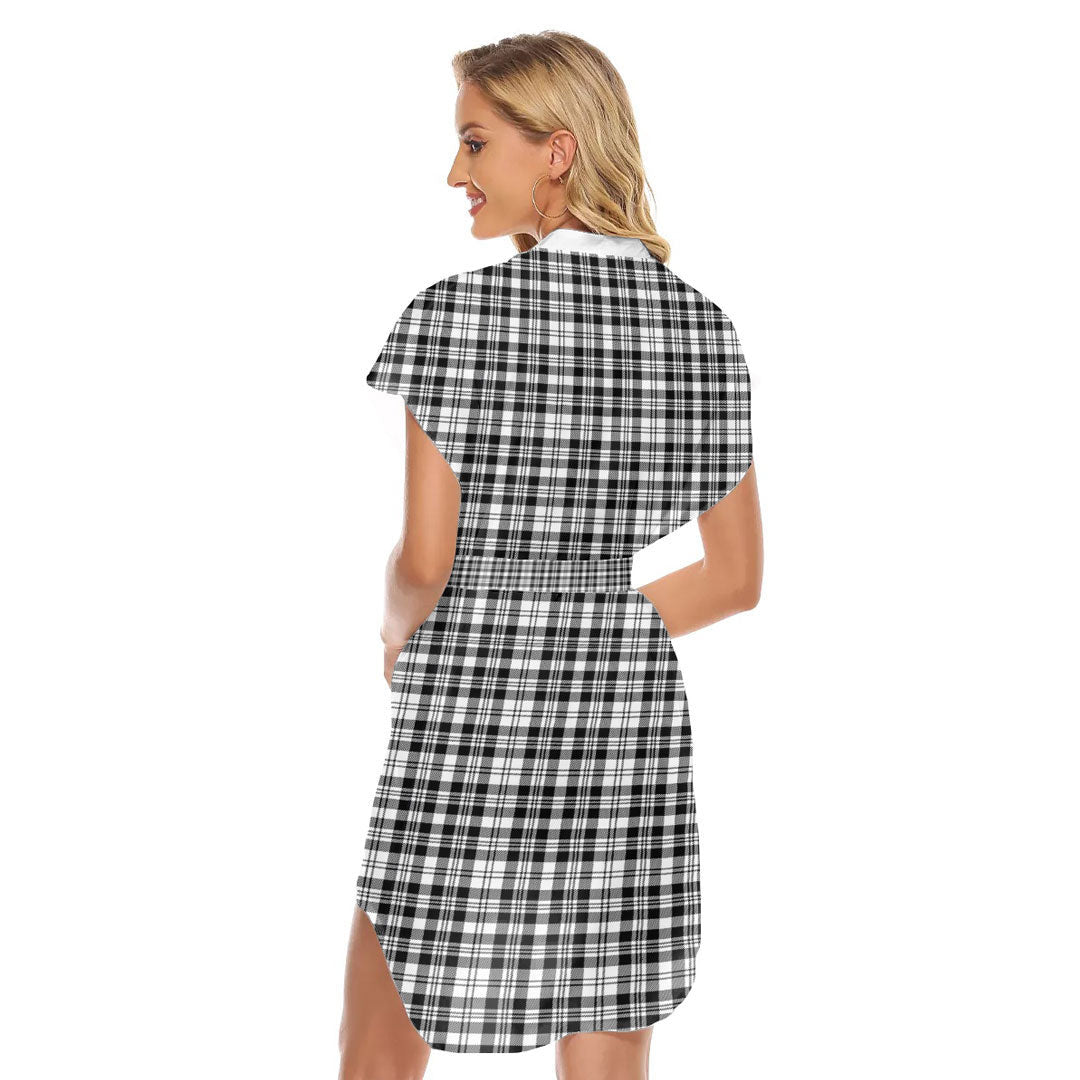 Scott Black White Modern Tartan Plaid Stand-up Collar Casual Dress With Belt