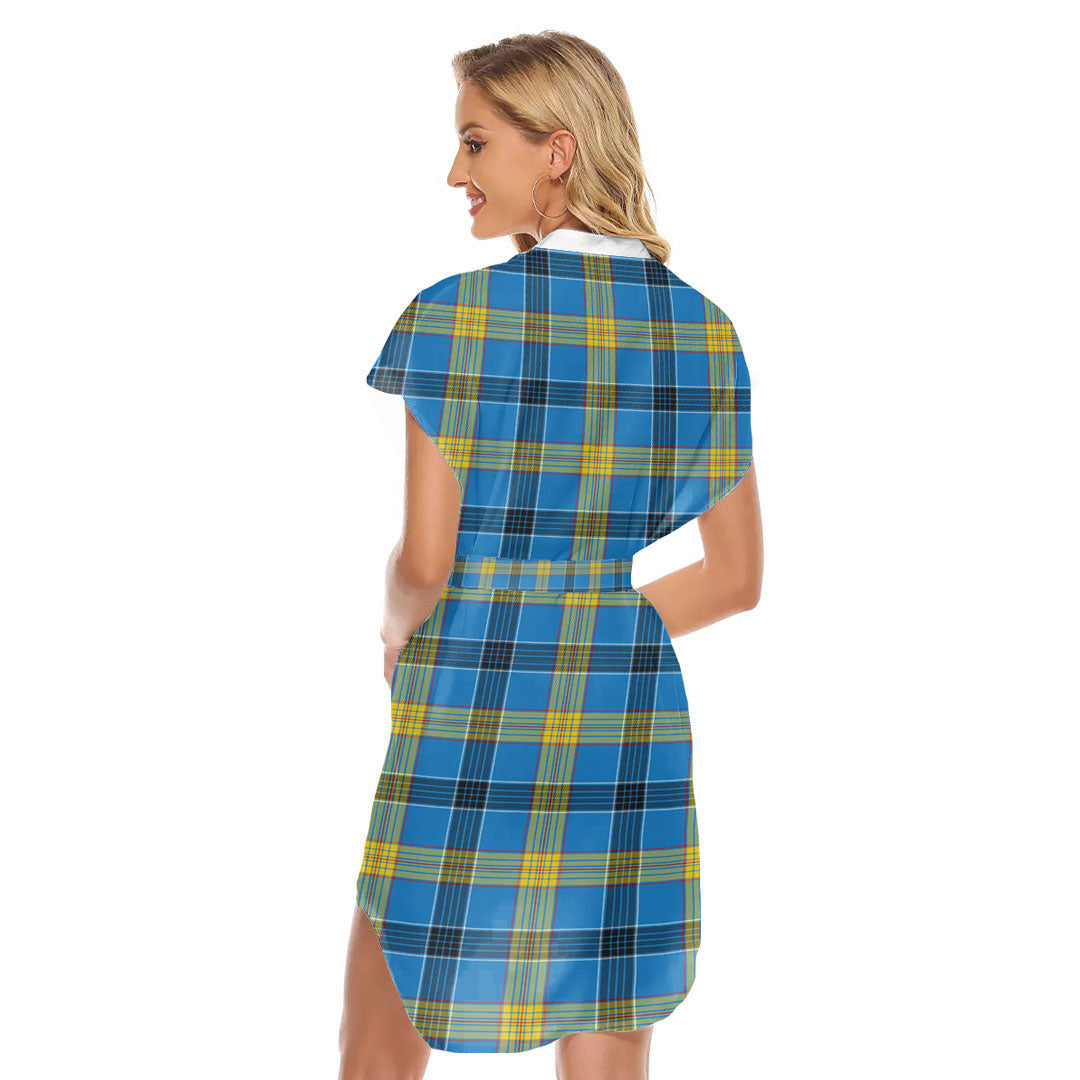 Laing Tartan Plaid Stand-up Collar Casual Dress With Belt