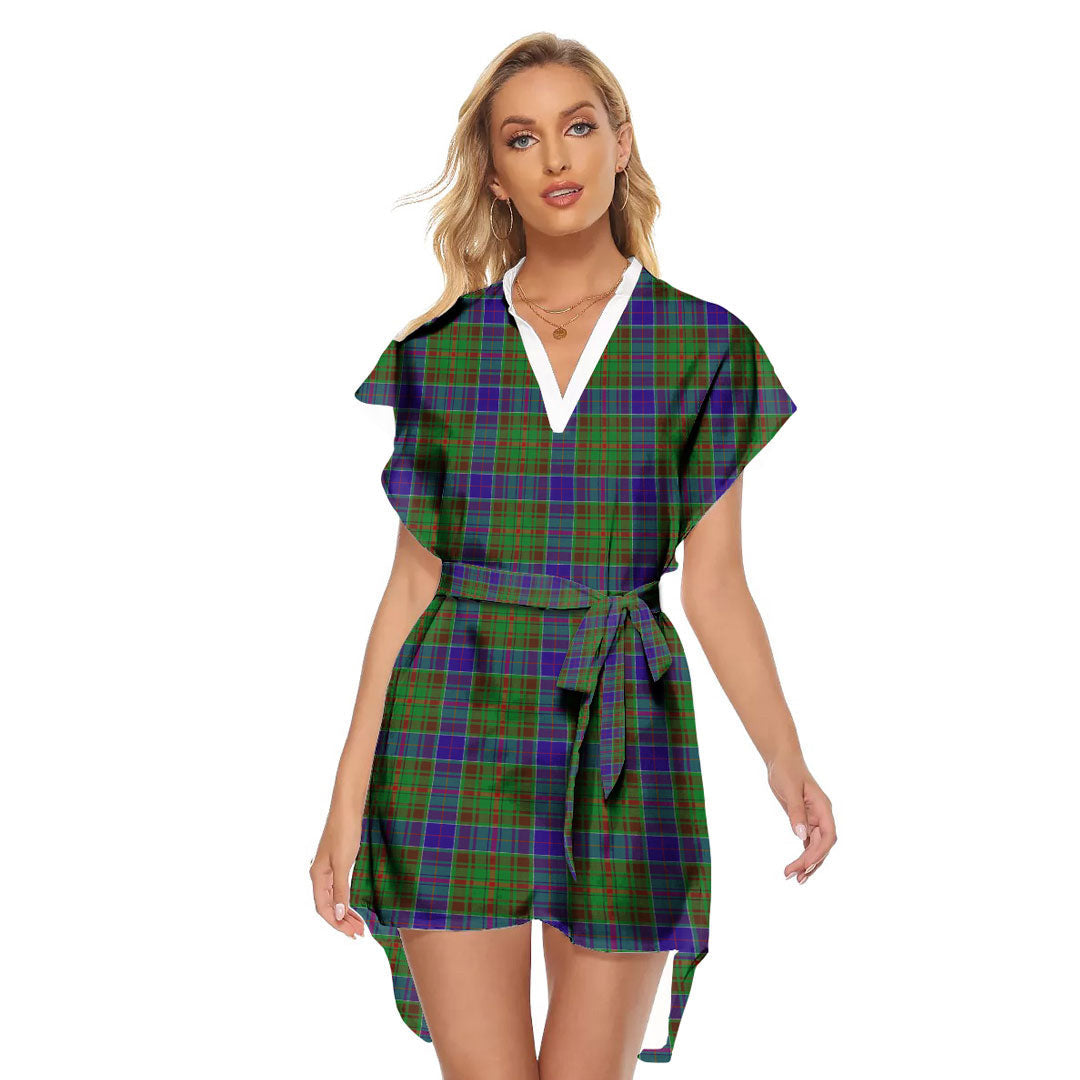 Adam Tartan Plaid Stand-up Collar Casual Dress With Belt
