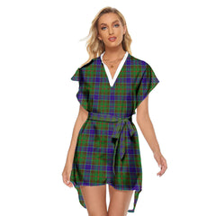 Adam Tartan Plaid Stand-up Collar Casual Dress With Belt