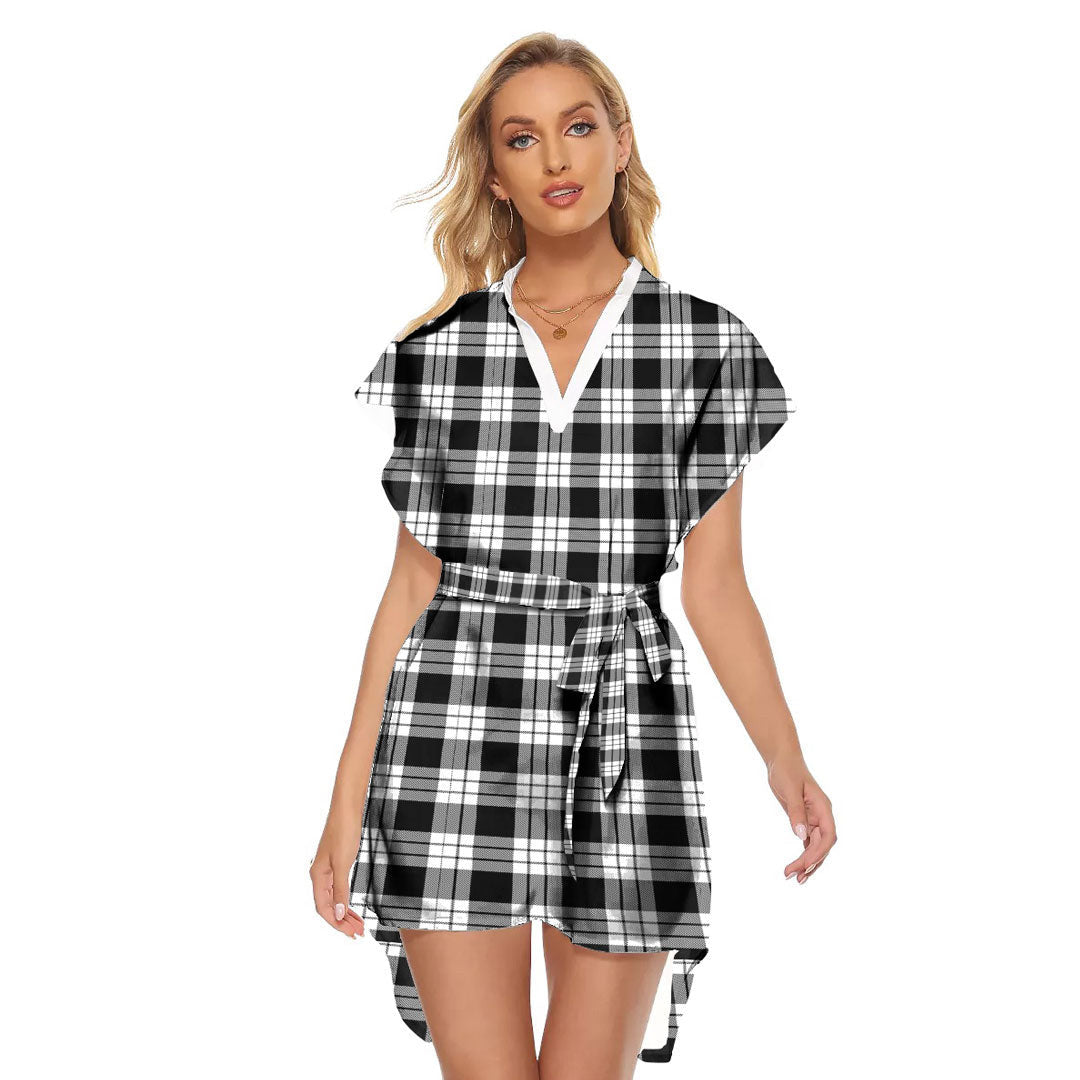 MacFarlane Black White Tartan Plaid Stand-up Collar Casual Dress With Belt