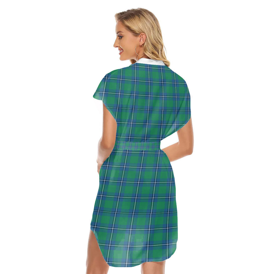 Irvine Ancient Tartan Plaid Stand-up Collar Casual Dress With Belt