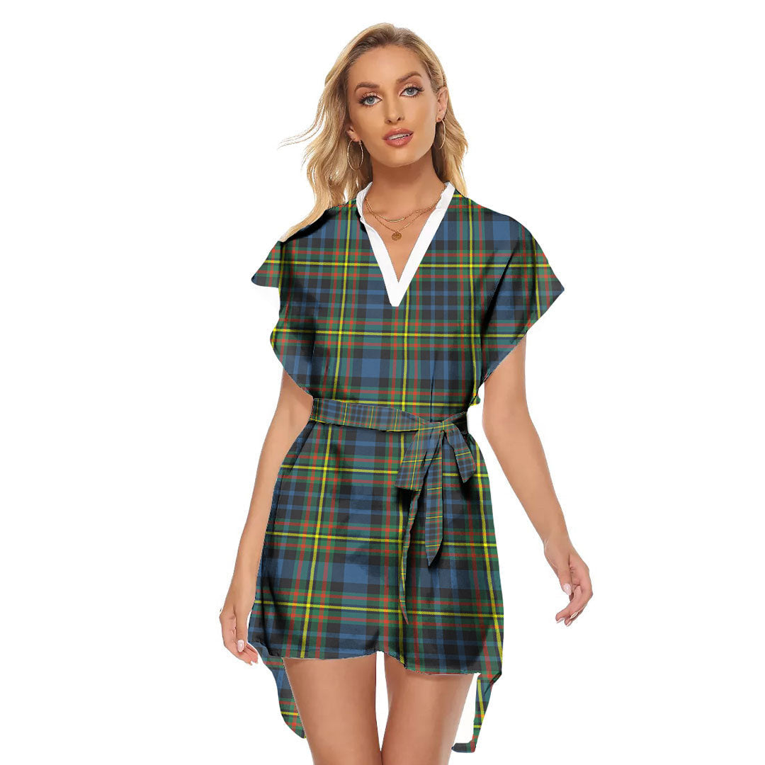 MacLellan Ancient Tartan Plaid Stand-up Collar Casual Dress With Belt