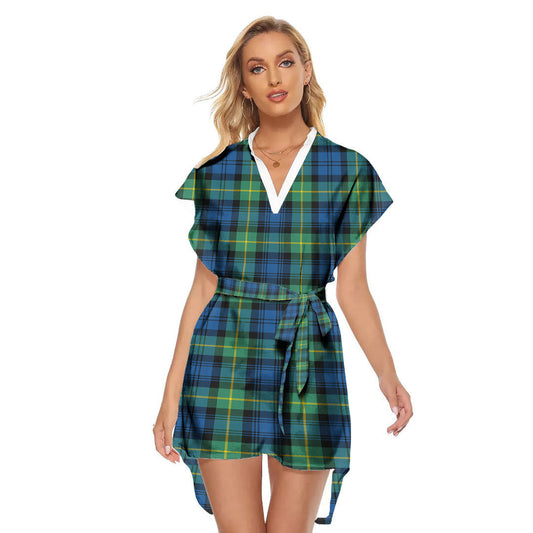 Gordon Ancient Tartan Plaid Stand-up Collar Casual Dress With Belt