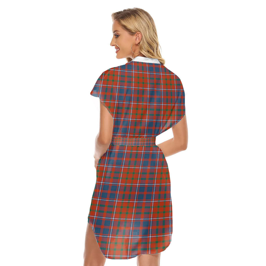 Cameron of Lochiel Ancient Tartan Plaid Stand-up Collar Casual Dress With Belt