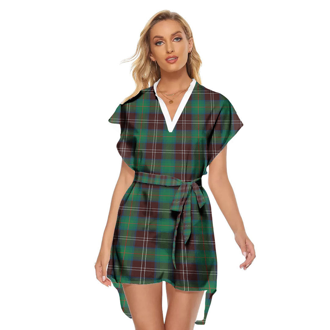 Chisholm Hunting Ancient Tartan Plaid Stand-up Collar Casual Dress With Belt