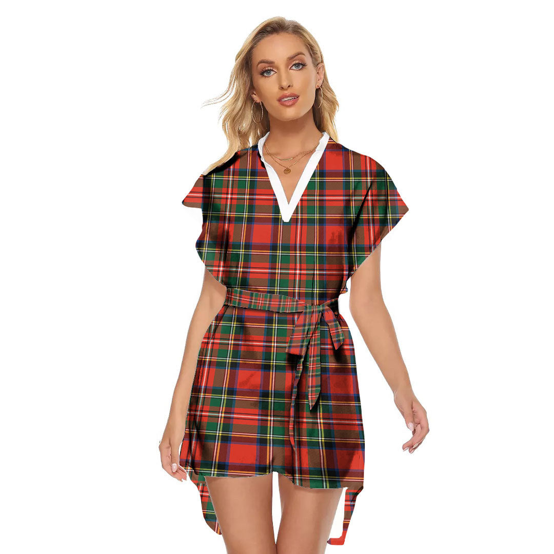 Stewart Royal Modern Tartan Plaid Stand-up Collar Casual Dress With Belt