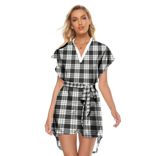 MacFarlane Black White Ancient Tartan Plaid Stand-up Collar Casual Dress With Belt