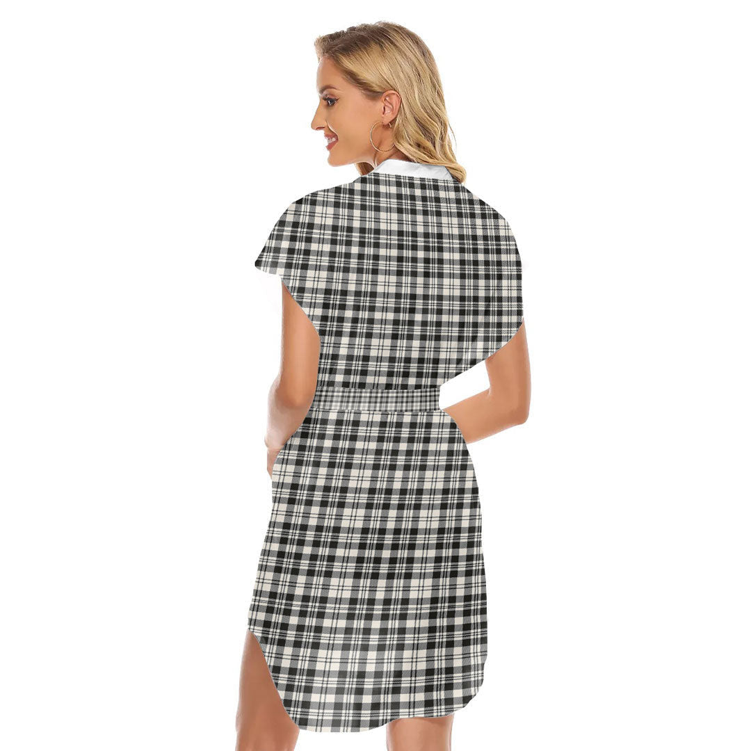 Scott Black White Ancient Tartan Plaid Stand-up Collar Casual Dress With Belt