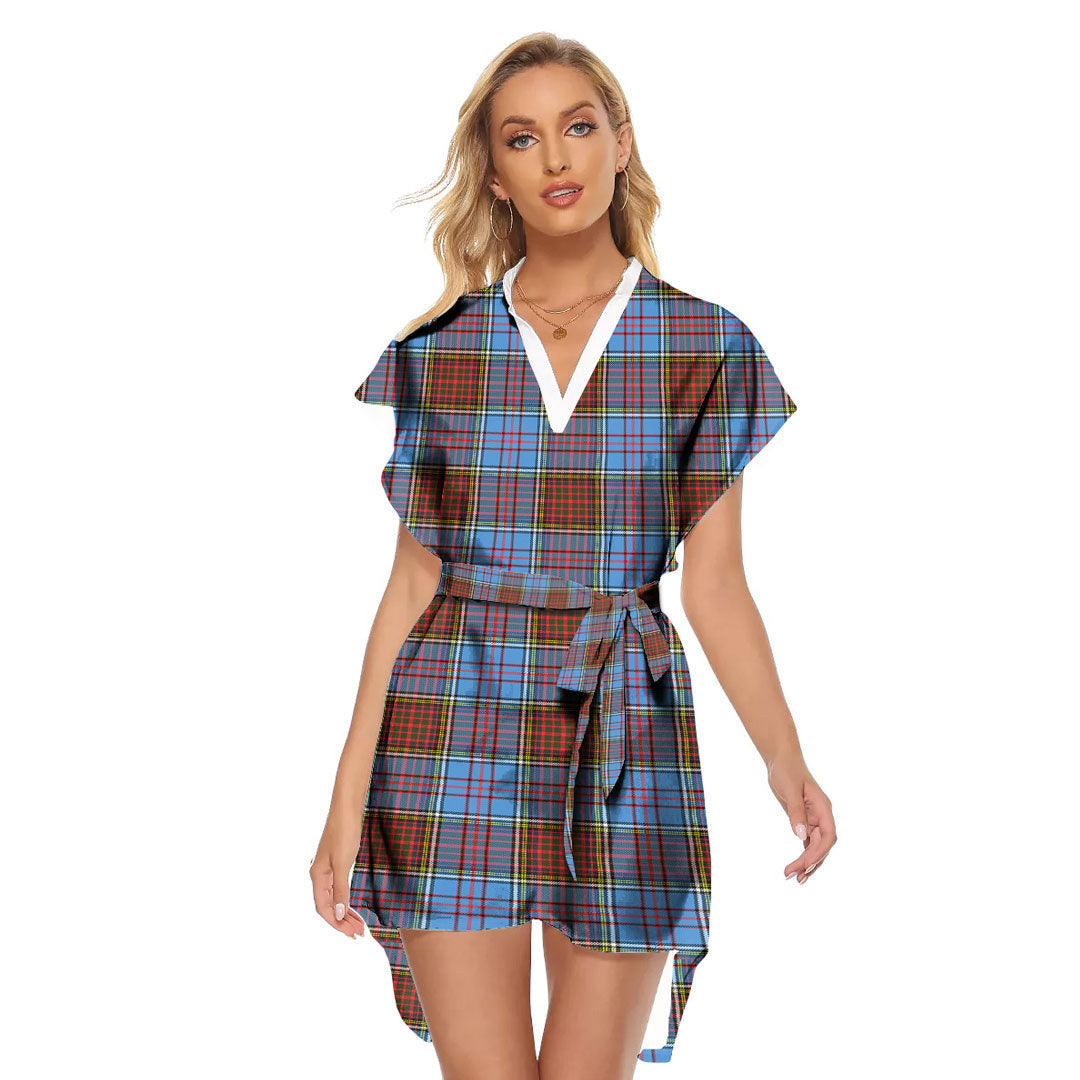 Anderson Modern Tartan Plaid Stand-up Collar Casual Dress With Belt